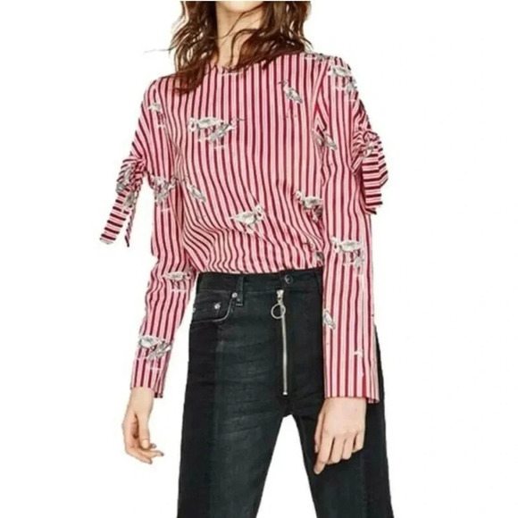 Zara Heron Bird Novelty Print Stripes Tie Sleeve Top - Picture 1 of 7